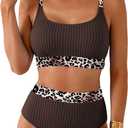Herseas Women's Textured Bikini Sets Floral Print Trim Scoop Neck Swimsuits High Waisted Bathing Suits (M)
