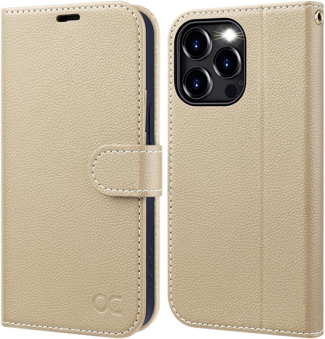 OCASE Compatible with iPhone 15 Pro Wallet Case, PU Leather Flip Folio Case with Card Holders RFID Blocking Kickstand [Shockproof TPU Inner Shell] Phone Cover 6.1 Inch 2023, Litchi Apricot