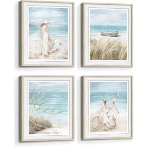 Beach Framed Wall Art Picture: Bedroom Modern Coastal Ocean View Print Decor Abstract Blue Sea Boat Seascape Painting Relaxing Tropical Landscape Seaside Seashore Scene Artwork for Living Room, 11"x14"x4Pcs