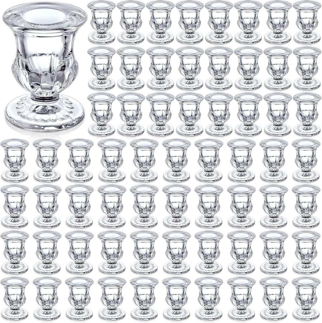 Foaincore 72 Pack Glass Candlestick Holders Bulk 2.5 Inch Taper Candle Holders Small Ritual Candle Stand Table Centerpieces for Wedding Christmas Valentine's Festival Party Dining Decorations (Clear)