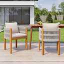 Christopher Knight Home Levi Acacia Wood Outdoor Dining Chairs Set of 2, Wooden Patio Dining Chair with Waterproof Cushions, Outdoor Kitchen Side Chair with Rope Woven Accent, Teak+Light Beige