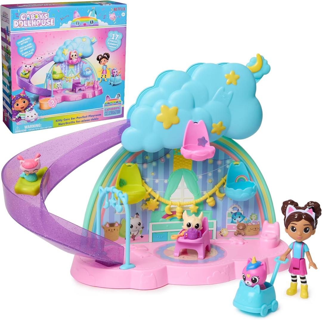 Gabby's Dollhouse Kitty Care Ear Purrfect Playroom  17-Piece Playset with 4 Toy Figures, Dollhouse Furniture, Doll Accessories & Baby Doll Stuff for Kids Ages 3+
