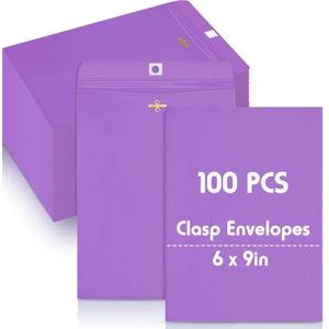 Geyee 100 Pcs Clasp Manilla Envelopes 6 x 9 Inch Gummed Colored Envelopes for Storing or Mailing for Home Office Business Supplies(Purple)