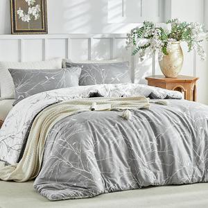 Lekesky Reversible Duvet Cover Queen Size, Grey White Branch Comforter Cover Queen 3pcs Microfiber Botanical Bedding Set with Zipper Closure Corner Ties (Queen (9090 inch))