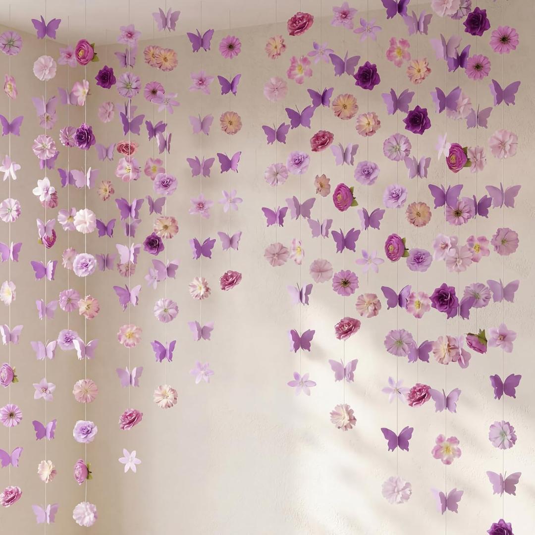 Dunzoom 10 Pack 36 ft 3D Wildflower Butterfly Garland Party Decor 6 Purple Artificial Flower Floral Hanging Vine 4 Butterfly Banner for Spring Birthday Wedding Baby Shower Backdrop Wall Arch Supplies