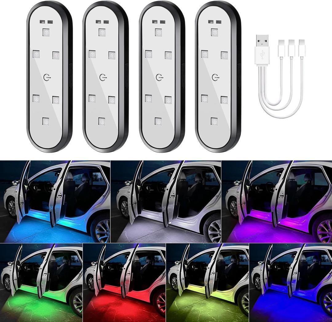 CARFIB Car Door Lights LED 7 Color Projector Lights Magnetic Sensing Welcome Door Sill Courtesy Projection Rechargeable USB Wireless Car Interior Atmosphere Warning Lamps 4Pcs
