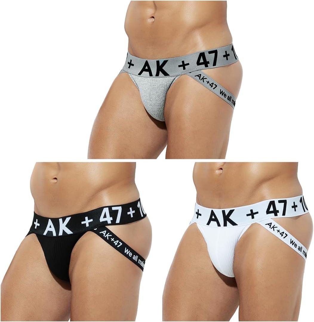 Arjen Kroos Men's Jock strap Athletic Supporter Sexy Cotton Breathable Underwear 3 Pack (Black/White/Grey)
