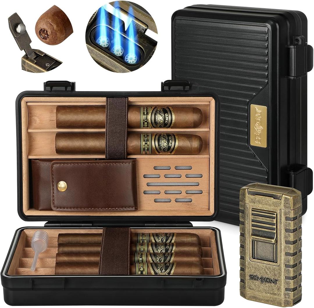 Travel Cigar Humidor, Portable Cedar Wood Lined Cigar Box, Waterproof Anti Pressure Sealed Cigar Storage Case, With Humidifier and Cigar Lighter Set, Can Holds 6 Cigars(Butane Not Included)
