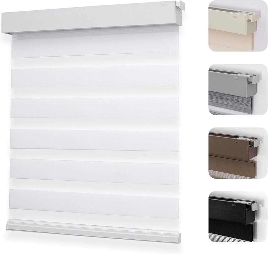 Joydeco No Drill Zebra Blinds for Windows, Cordless Day & Night Dual Sheer Roller Shades, Easy Installation, Free-Stop Lift System, Light Filtering Privacy Blinds for Home(White,34" W x 75" H)