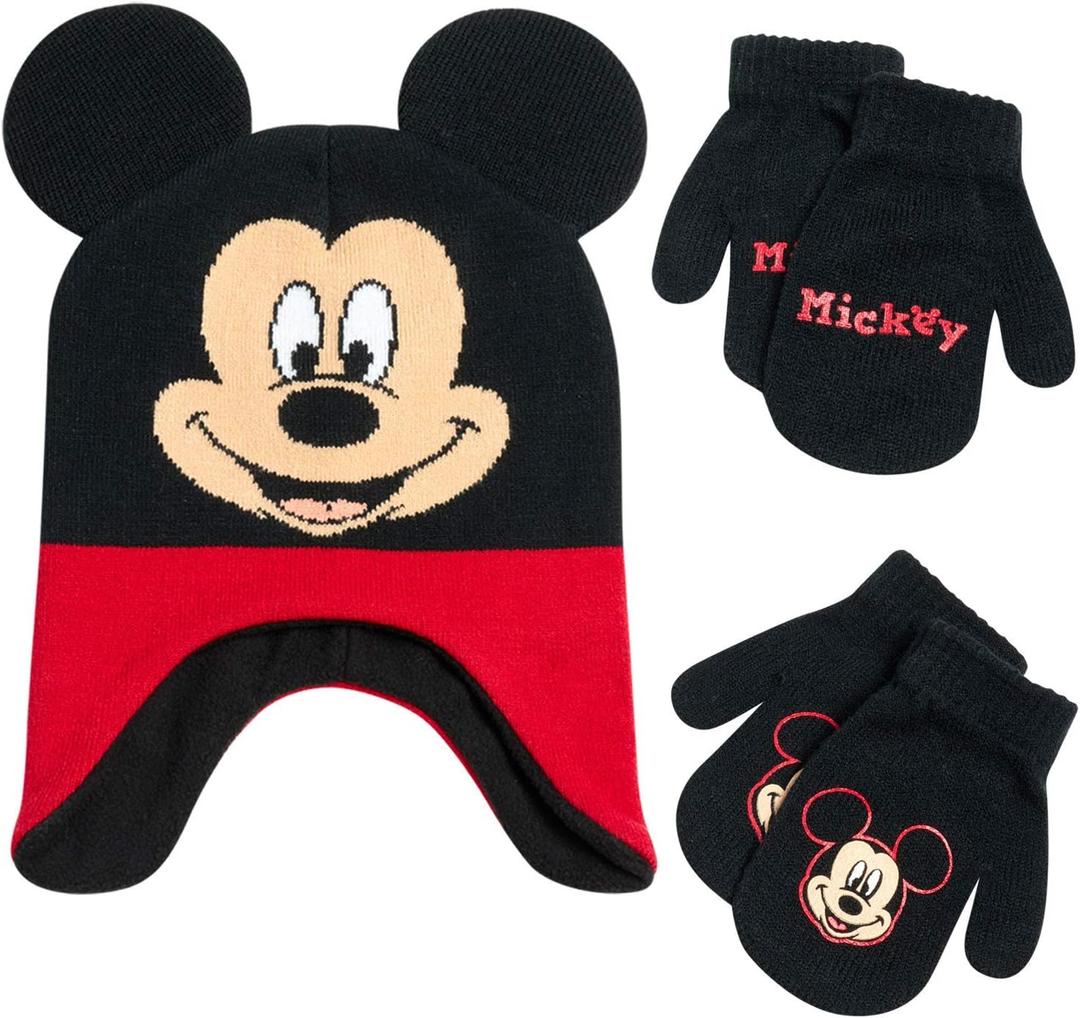 Disney Boys Mickey Mouse Winter Hat and 2 Pair Mitten or Gloves Set (Age 2-7) (Mickey Ears Mitten Red/Black)