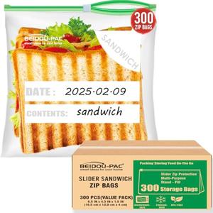 BEIDOU-PAC Slider Sandwich Food Storage Freezer Bags with Stand-Up Bottom, 300 Count | 2 Mil | 6.5 IN x 4.3 IN x 1.6 IN, Freshness Easy Open Reclosable Clear Plastic Bags (Slider-sandwich-300count)