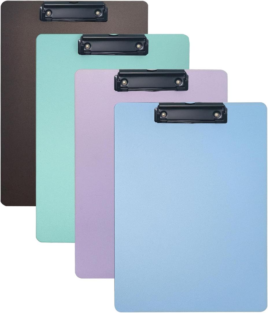 4-Pack Plastic Clipboards, Assorted Colors Clipoard with Low Profile Clip, Clip Boards for Students, Teachers, Doctors, Nurses, 12.3 x 8.8 Inch