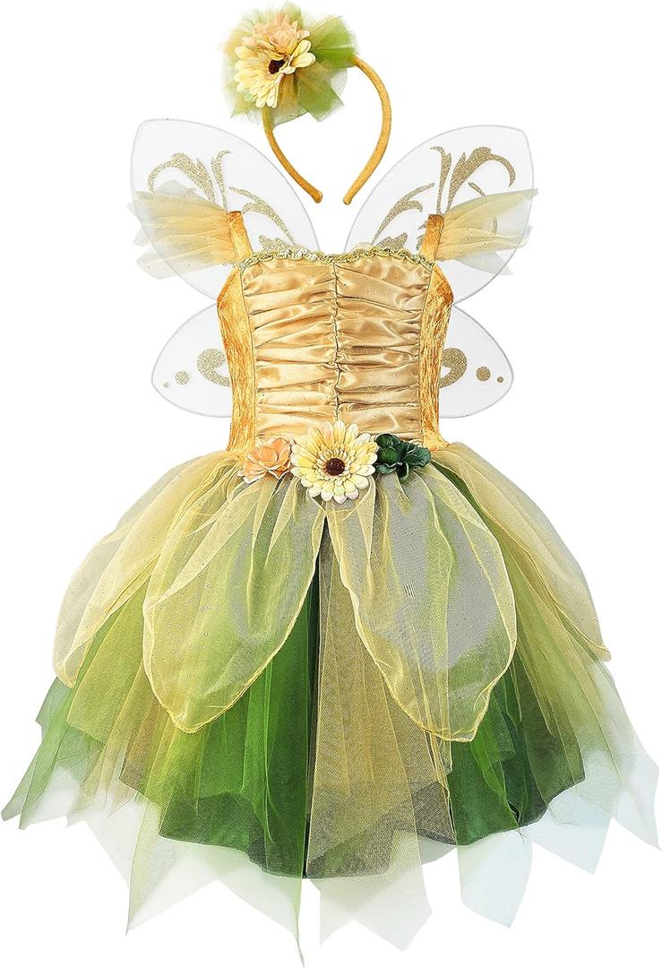 Fairy Costume Dress for Girls, Green Princess Flower Girl Dress, Tutu Dress with Headband and Wings (4T, Gold)