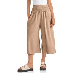 TARSE Womens Linen Palazzo Capri Pants Boho Summer Smocked High Waist Wide Leg Casual Loose Trousers with Pockets Flowy Pants (S)