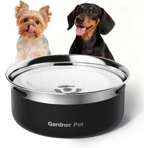 Gardner Pet Slow Water Bowl for Dogs, 2L/68oz Spill-Proof Pet Water Bowl with Floating Disk & Filter Screen, Stainless Steel No-Spill Water Dispenser for Medium Pets (Black)