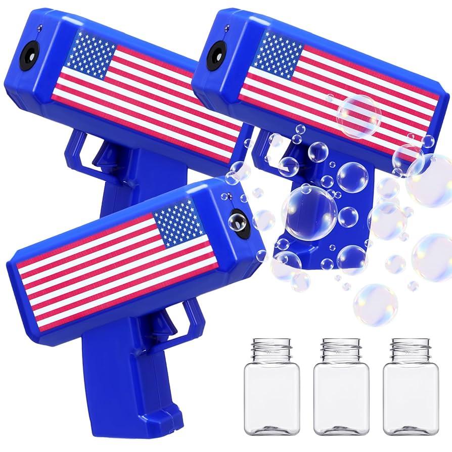 3 Pack 4th of July Bubbles Guns Toys with American Flag Electric Bubble Gun Independence Day Red White Blue Patriotic Party Favors Supplies Decor Battery Powered Hand Held Machine Maker