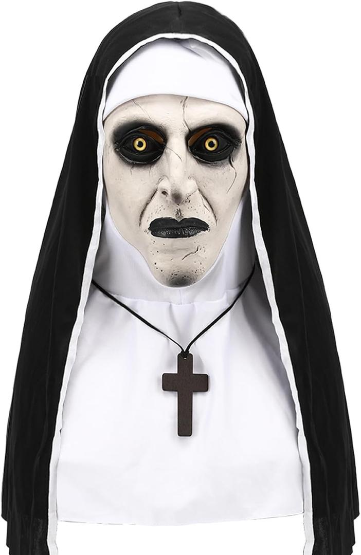 Nun Mask Scary Nun Costume, Scary Halloween Masks for Women, Realistic Creepy Latex The Nun Costume With Cross Pendant Necklace, Ideal for Cosplay Props Dance Masquerade, One Size Fit Most Women Girls