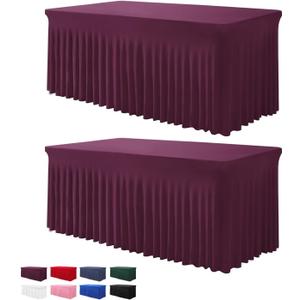 Table Skirts for Rectangle Tables 6ft - 2 Pack One-Piece Burgundy Tablecloths and Skirt, Wrinkle Resistant Ruffles Elastic Cover for Banquets, Weddings, Events, Parties (72" x 30" (Rectangular) 2Pack)