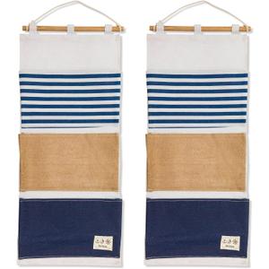 Juvale 3 Pocket Hanging Wall Organizer - Space-Saving Over-Door Storage - Vertical Wall Hanging Storage - Collapsible Fabric Mail Holder - 11.75"x 27", 2-Pack, Linen & Wood, White/Navy Blue/Brown