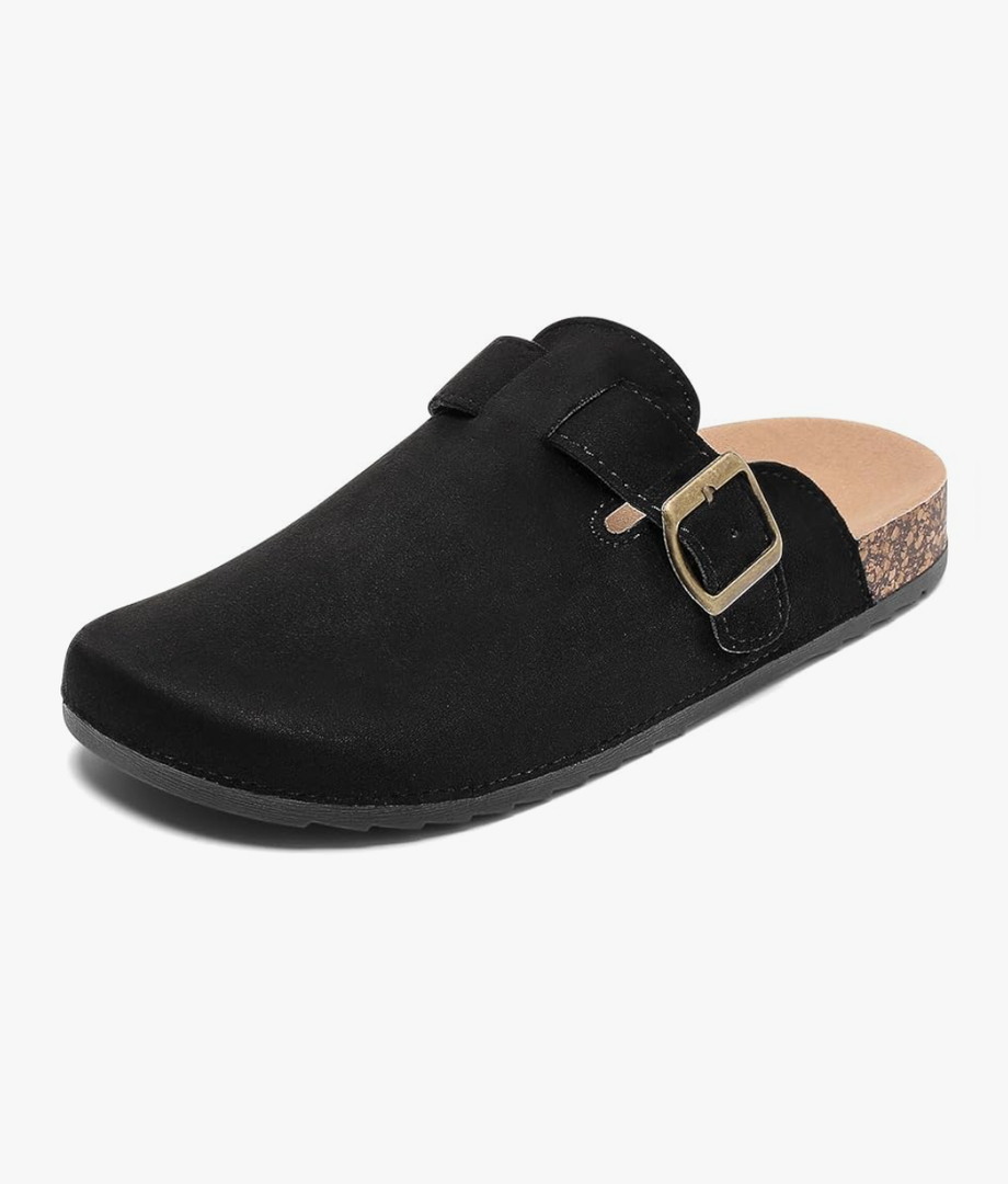 Suede Clogs Men & Women Unisex Leather Mules Soft Cork Footbed Adjustable Buckle Slip Sandals Potato Shoes with Arch Support, size 9