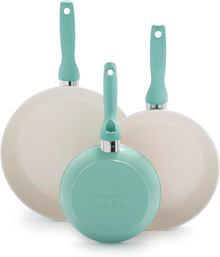 GreenPan Rio Healthy Ceramic Nonstick 7" 9.5" and 11" Frying Pan Skillet Set, PFAS-Free, Dishwasher Safe, Turquoise