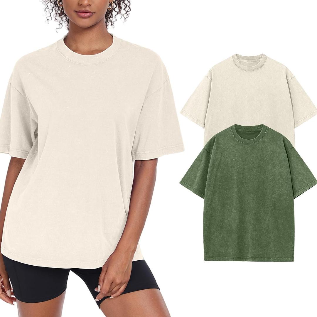 Womens Washed Vintage Oversized T-Shirt Baggy Workout Tops Short Sleeve Cotton Tshirts Streetwear Boyfriend Tee, Large
