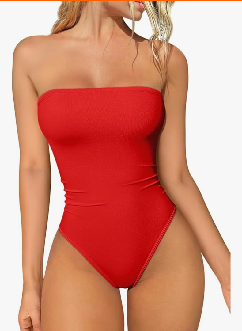 Womens Tube Bodysuits Strapless Basic Sleeveless Ruched Stretch Classic-Fit Tops Sexy Bodysuits