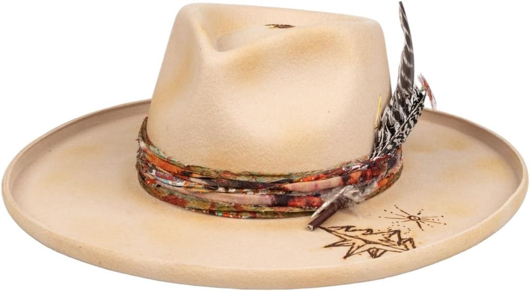 Vintage Pencil Brim Fedora Hats 100% Wool Felt Hat Panama Rancher Hat with Lightning Logo Handmade Distressed/Burned