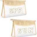 2 Pcs Boho Straw Clear Makeup Letter Pouch, Sunscreen Pouch for Beach Travel, Waterproof Beach Toiletry Sun Bag Accessories for Women