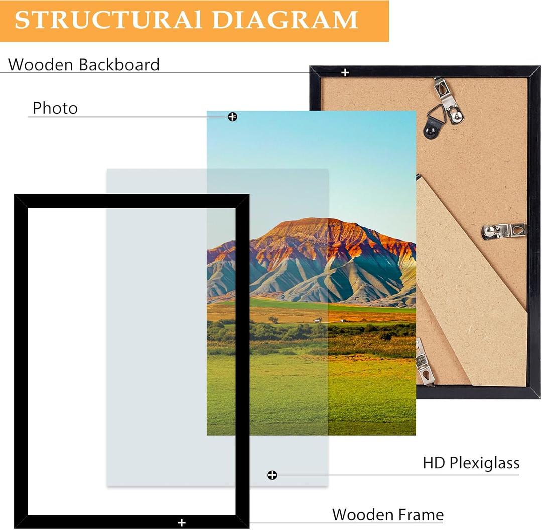 QOTIB 9x12 Picture Frame Black for Wall Mounting or Tabletop, Wood 9 x 12 Frame Photo Frame for Wall Hanging Horizontally or Vertically, Black, 1 Pack
