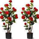 Artificial Camellia Tree 2 Pack, Artificial Plants Outdoor Faux Floral Plant in Cement Pot Fake Red Silk Camellia Tree Plants for Home House Living Room Office Decor (Red (2 Pack))