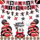 Ninja Birthday Party Decoration Red and Black Warrior Themed Party Supplies for Boys with Ninja Happy Birthday Banner Cake Topper Sticker and Paper Lanterns