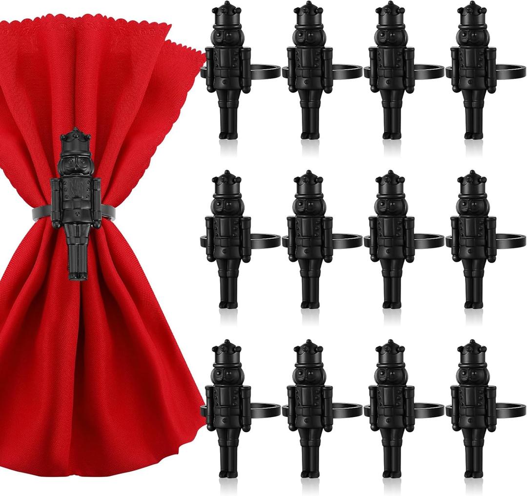 Christmas Nutcracker Napkin Rings Set of 12, Black Soldier Napkin Rings Holiday Metal Napkin Holders for Xmas Table Setting Valentine's Day Dinnerware Wedding Party Vintage Decoration