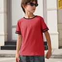 Haloumoning Boys Short Sleeve T Shirts Kids Summer Crewneck Color Block Tops Fashion Tees 5-14 Years (Red)