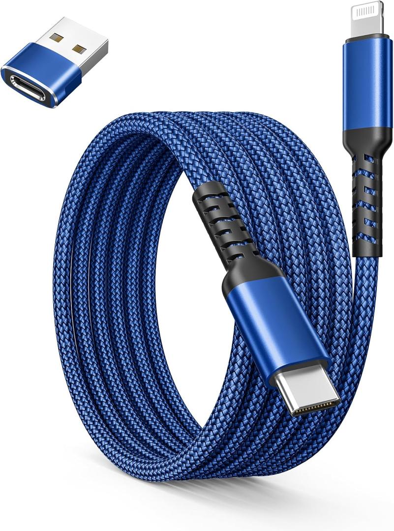 Basesailor USB C to Lightning Charger Cable 6.6ft with USB A Adapter,iOS Type C Power Delivery PD Fast Charging Cord for iPhone 11 12 13 14 Mini Pro Max,SE,iPad 8th 9th Generation (Blue)