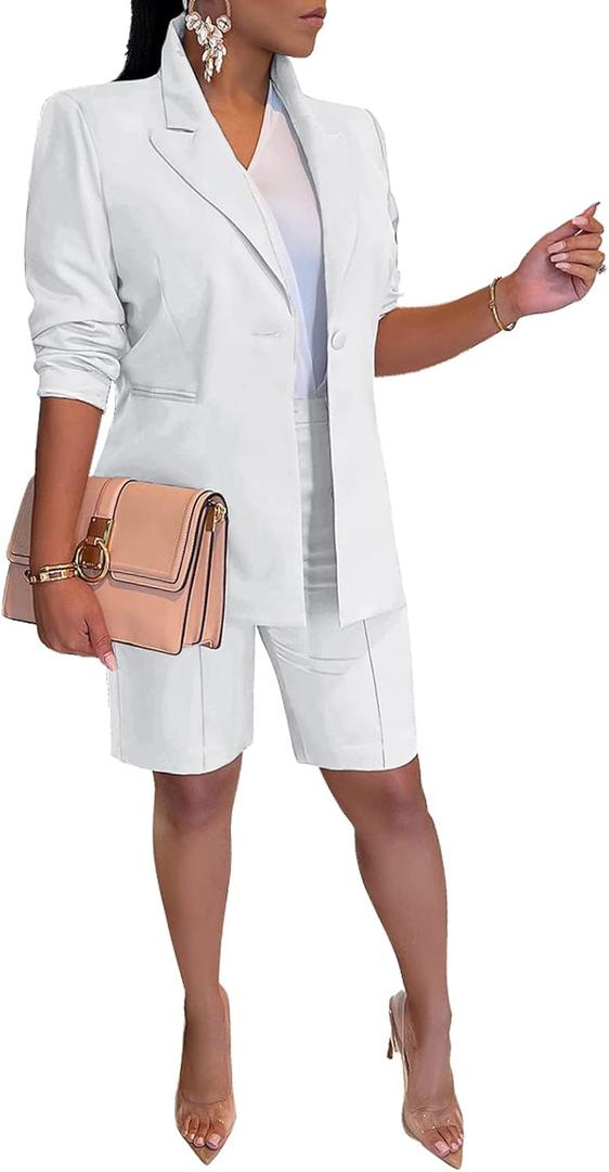 SHINFY Women's Blazer Sets 2 Piece Outfits Lapels Jacket High Waisted Shorts Work Business Suits S White
