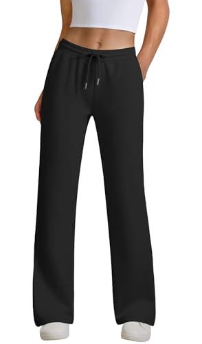 JEKAOYI Womens Drawstring Sweatpants, High Waisted Lightweight Lounge Straight Leg Casual Pants with Pockets Black L