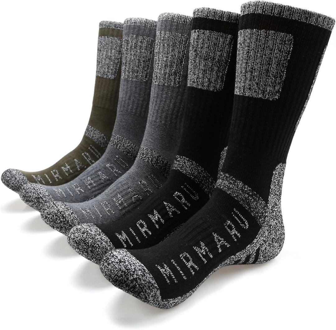MIRMARU Men's 5 Pairs Multi Performance Outdoor Sports Hiking Trekking Crew Socks (Large-X-Large, 2 X Black, 2 X Charcoal, 1 X Olive)