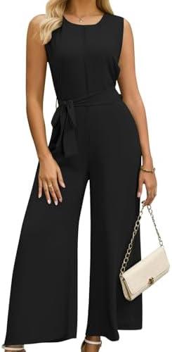 Lalacat One Piece Jumpsuits for Women Dressy Summer Casual Sleeveless Crew Neck Wide Leg Pants Rompers with Waist Belt