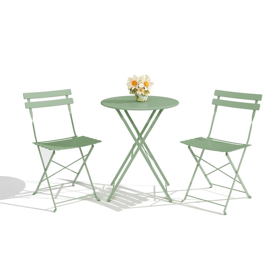 3-Piece Folding Bistro Set, Outdoor Patio Furniture Set with 2 Chairs & 1 Table, Space-Saving Foldable Balcony Garden Set with Heavy-Duty Powder-Coated Steel Frame, No Assembly Required, Green