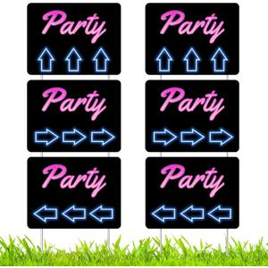 Wenqik 6 Pcs Double Sided Party Signs with 6 H Metal Stakes 12 x 16 Inches Retro Neon Party This Way Yard Sign Corrugated Plastic Waterproof Directional Arrow Sign for Birthday Outdoors Lawn Wedding