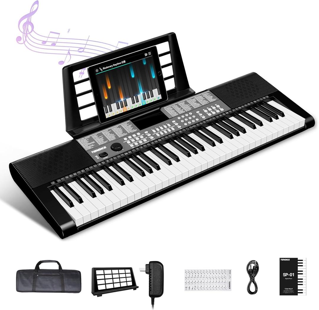 TERENCE Keyboard Piano 61 Keys Dual HiFi Speakers Digital Piano with 51 Panel Function Buttons LED Display Dual Keyboard 2 Power Options Electric Piano Support for Headset and Microphone (black)