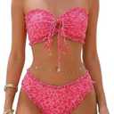 SHENHE Women's 2 Piece Bandeau Bikini Set Floral Print Tie Knot Ruffle Strapless Swimsuits, X-Large Pink