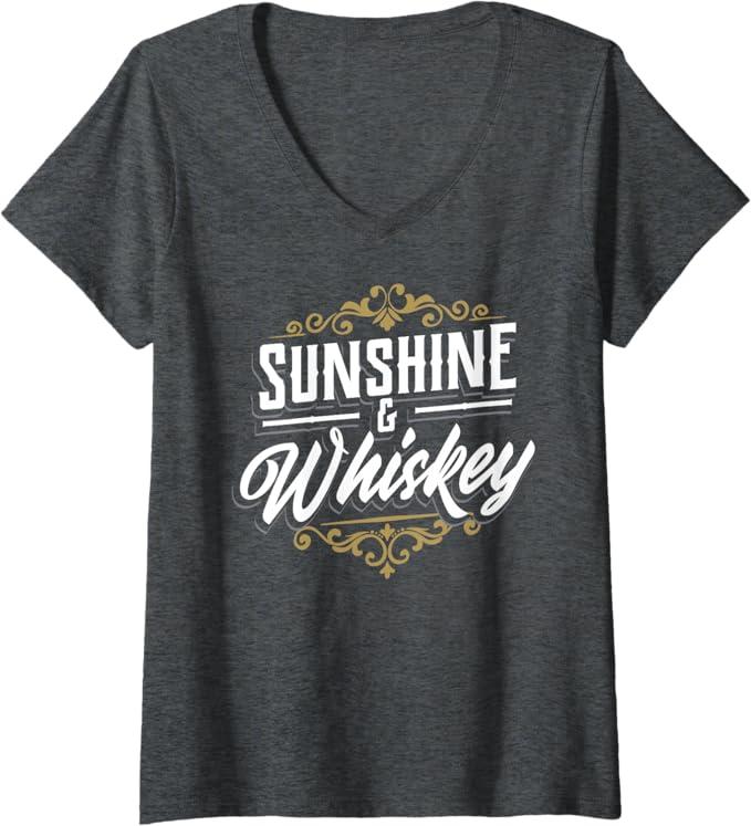 Womens Sunshine and Whiskey Drinking Land Gift Design V-Neck T-Shirt, Large