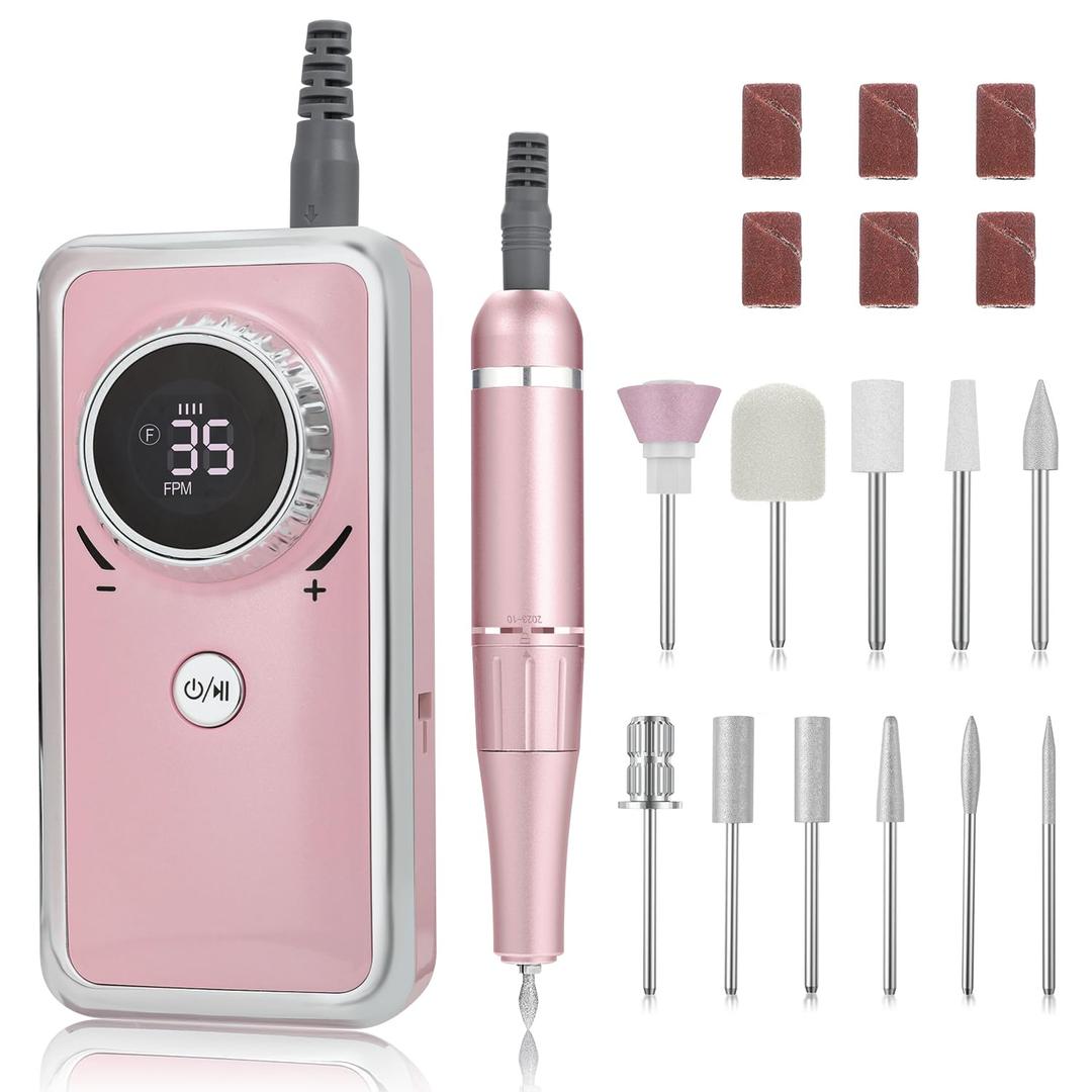 Electric Nail Drill Professional, 35000RPM Portable Efile Nail Drill with 11Pcs Nail Drill Bits, Rechargeable Nail Drill Machine with LCD Display for Acrylic Nail Remove Gel Polish for Home Salon Use (Pink)