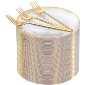 Rubtlamp 200Pcs Clear Gold Dessert Plates With Plastic Gold Forks, 100pcs 7.5inch Plates For Appetizers,100pcs 7.8inch Premium Forks Disposable, Cake Platos Disposable for Wedding