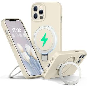 Liquid Silicone Case for iPhone 12 pro with Magnetic Ring Stand, Upgraded Camera Lens Protection, Mil-Grade Drop Shockproof, Anti-Scratch Microfiber Lining Silicone Case (Beige)