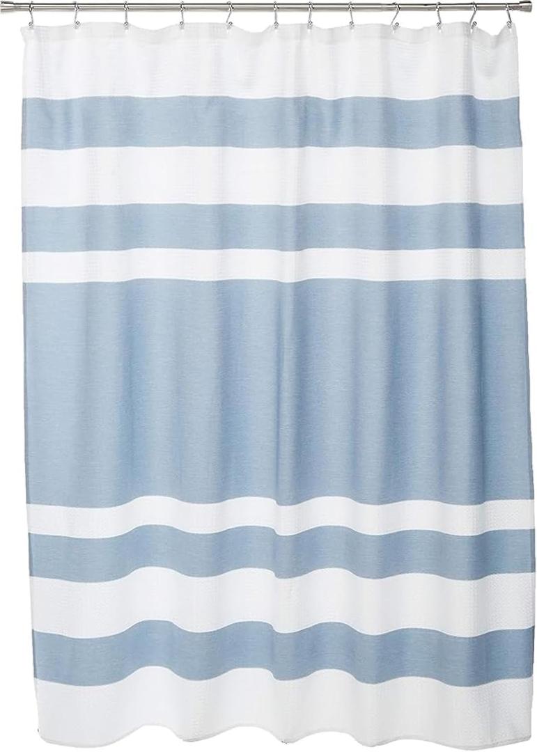 Madison Park Shower Curtain Waffle Weave Striped Pieced Design Fabric Shower Curtains for Bathroom with 3M Scotchgard Moisture Management Premium Spa Quality Modern Standard 72"x72" Blue