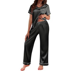 Ekouaer Satin Pajamas for Women Short Sleeve Silk Pajama Sets Soft Sleepwear Top with Causal Long Pj Pant, Size 2XL