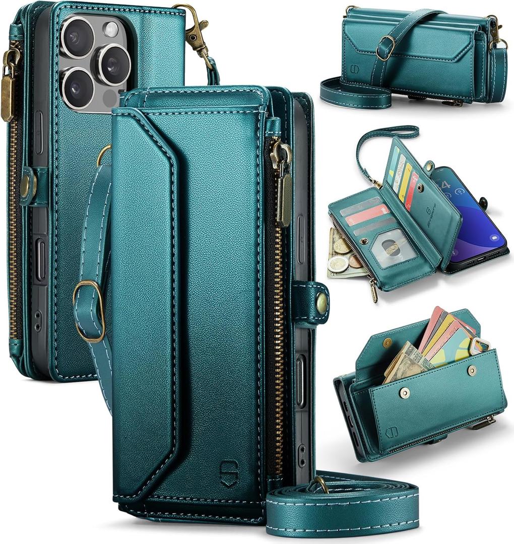 Strapurs Wallet Case Compatible with iPhone 16 Pro Max 6.9" RFID Blocking 10-Card Holder Soft PU Leather Magnetic Snap Shoulder Strap Zipper Pocket Phone Case Fit for iPhone 16 Pro Max - Blue Green